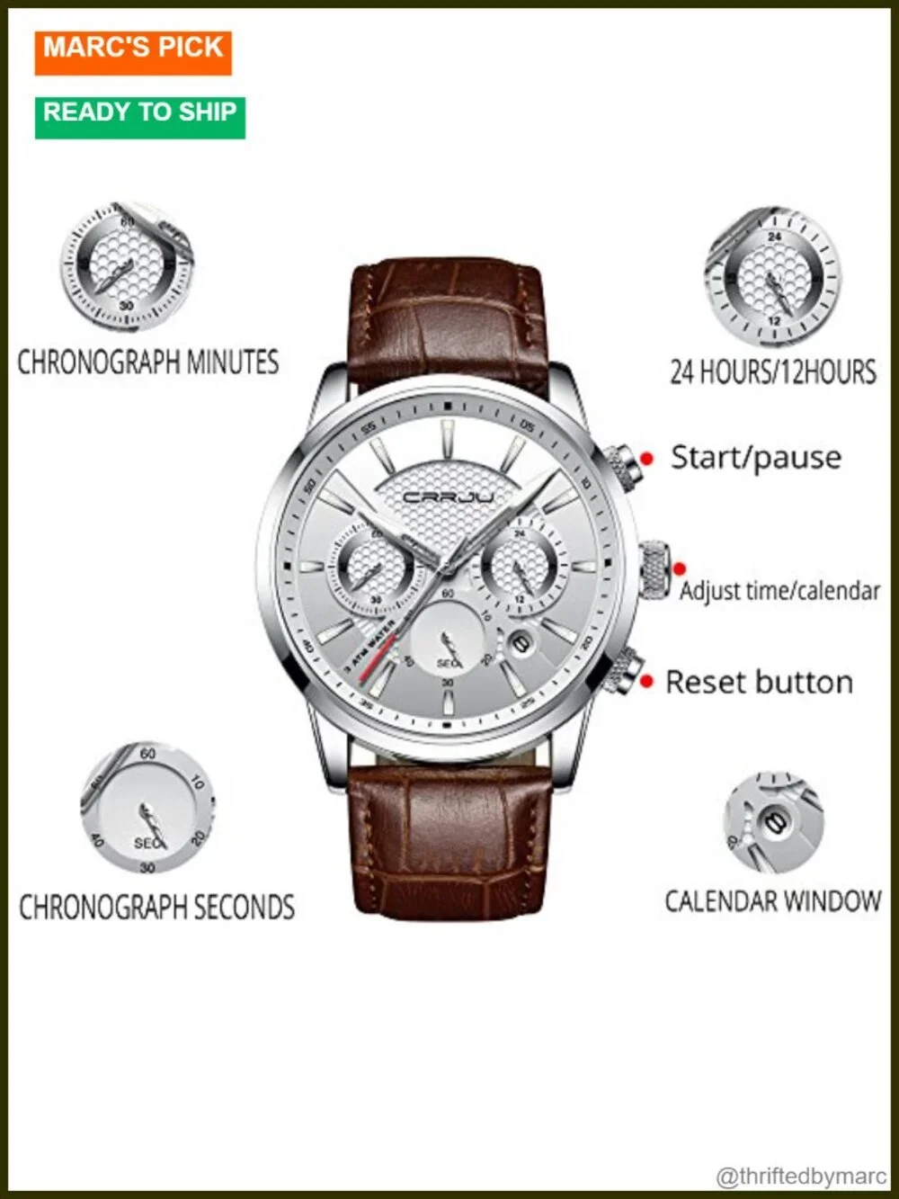 Men's Business Casual Chronograph Quartz Waterproof Leather Strap Wristwatch